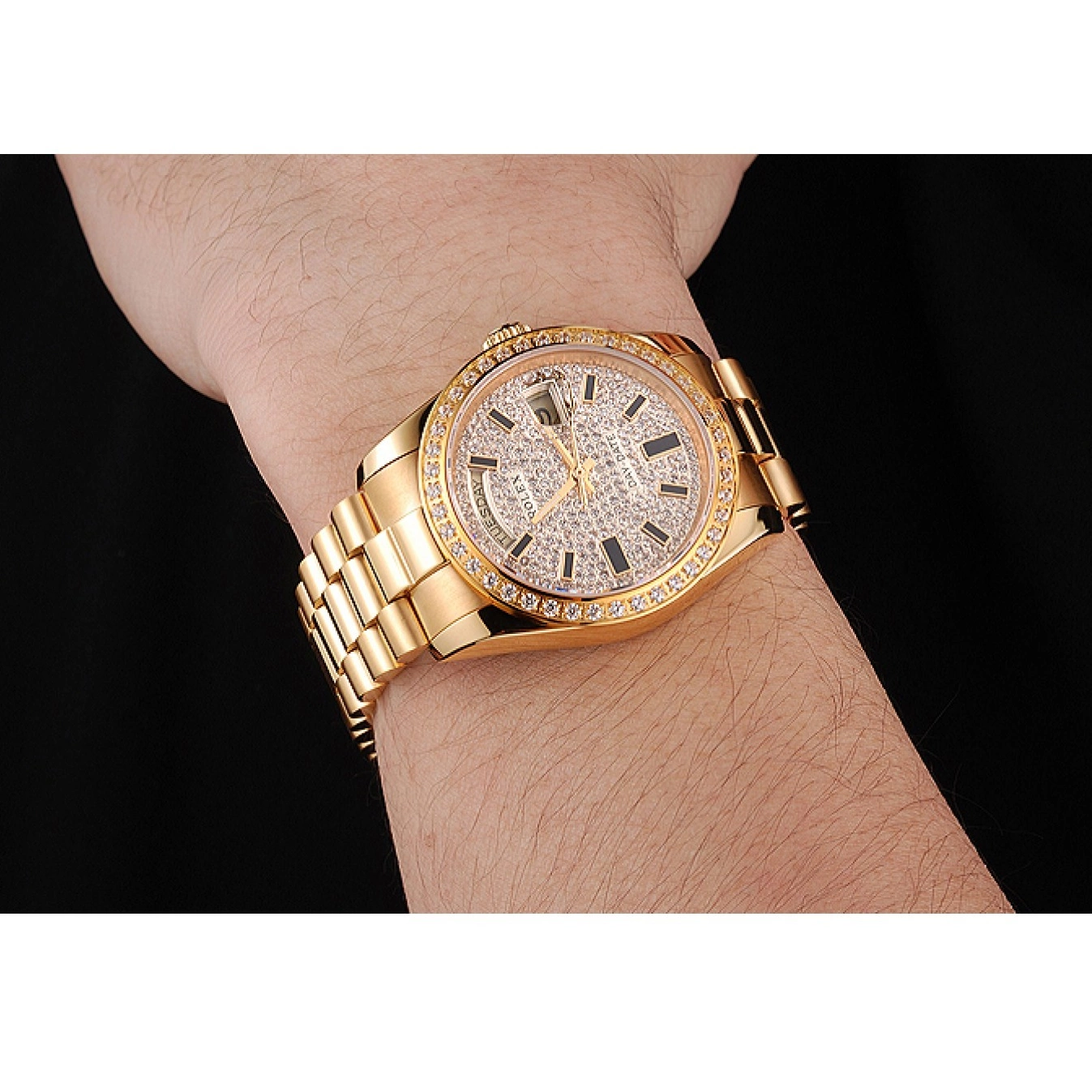 AAA replica watch And Pave Diamond Swiss And Day Bracelet Case Bezel Gold Dial Date Rolex 0824